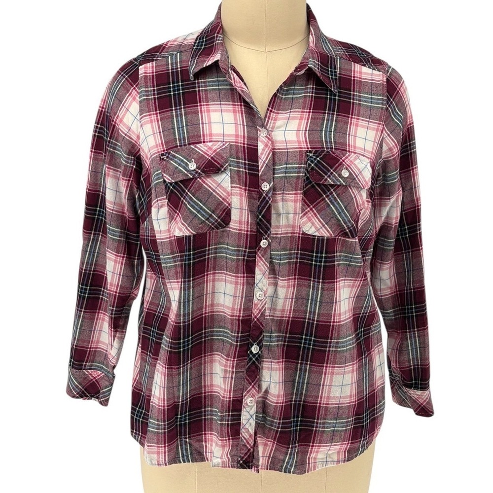 Croft & Barrow Button Down Plaid Shirt Burgundy Pink 100% Cotton 1X